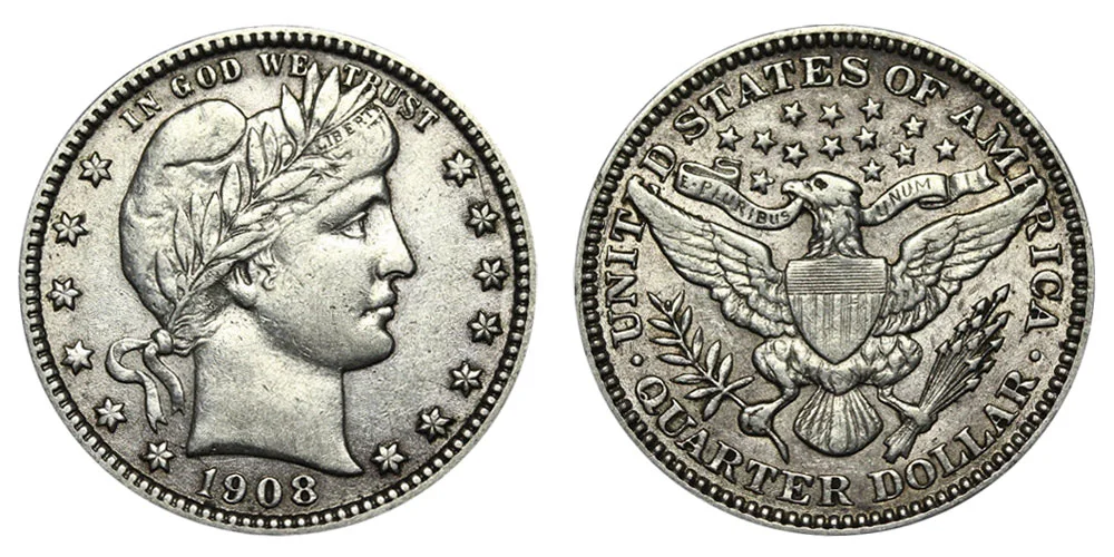 1908 Barber Quarter obverse and reverse showing Liberty head and eagle design