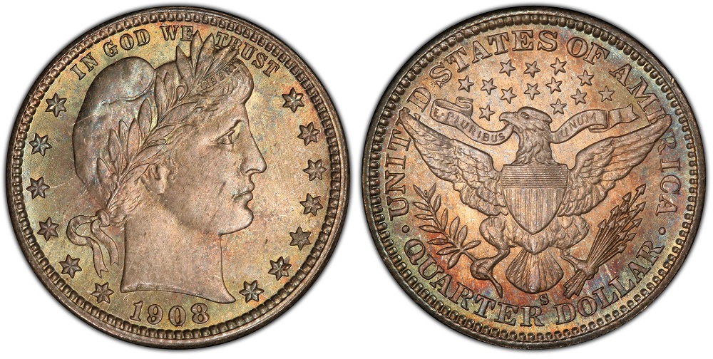 Side-by-side comparison of 1908-P common coin versus 1908-S key date Barber Quarter showing S mint mark