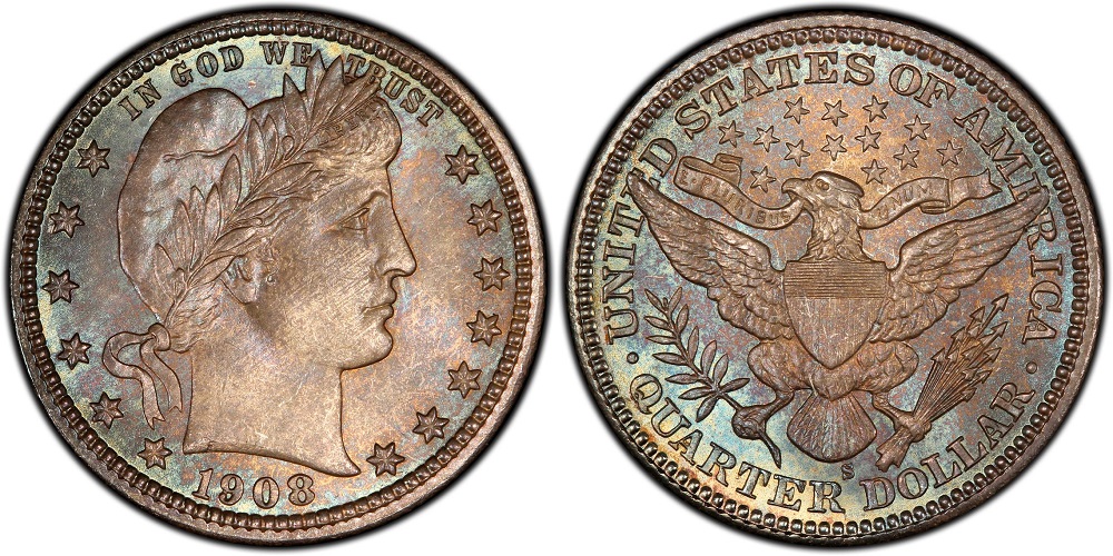 1908-S Barber Quarter reverse close-up showing the S mint mark below the eagle
