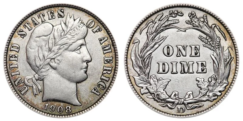 1908-D Barber Quarter obverse showing misplaced date digit traces in denticles below the primary date