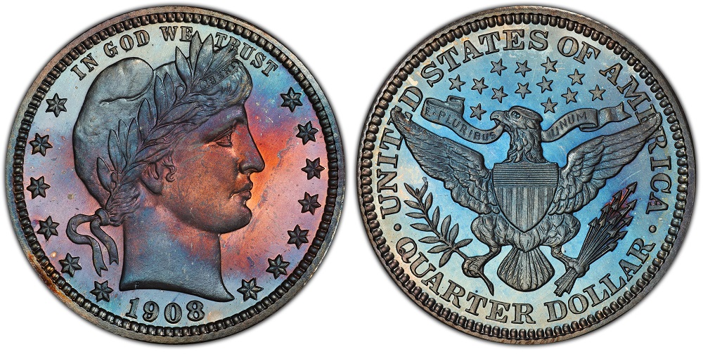 1908 Proof Barber Quarter showing mirror-polished fields and frosted cameo portrait of Liberty