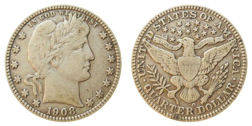 1908-O Barber Quarter reverse showing soft strike on eagle's left claw area — a common diagnostic for New Orleans issues