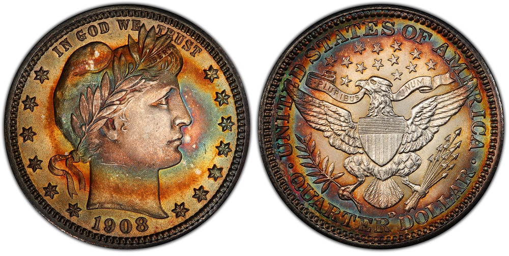1908-D Barber Quarter in gem uncirculated MS condition showing full original luster and sharp design detail