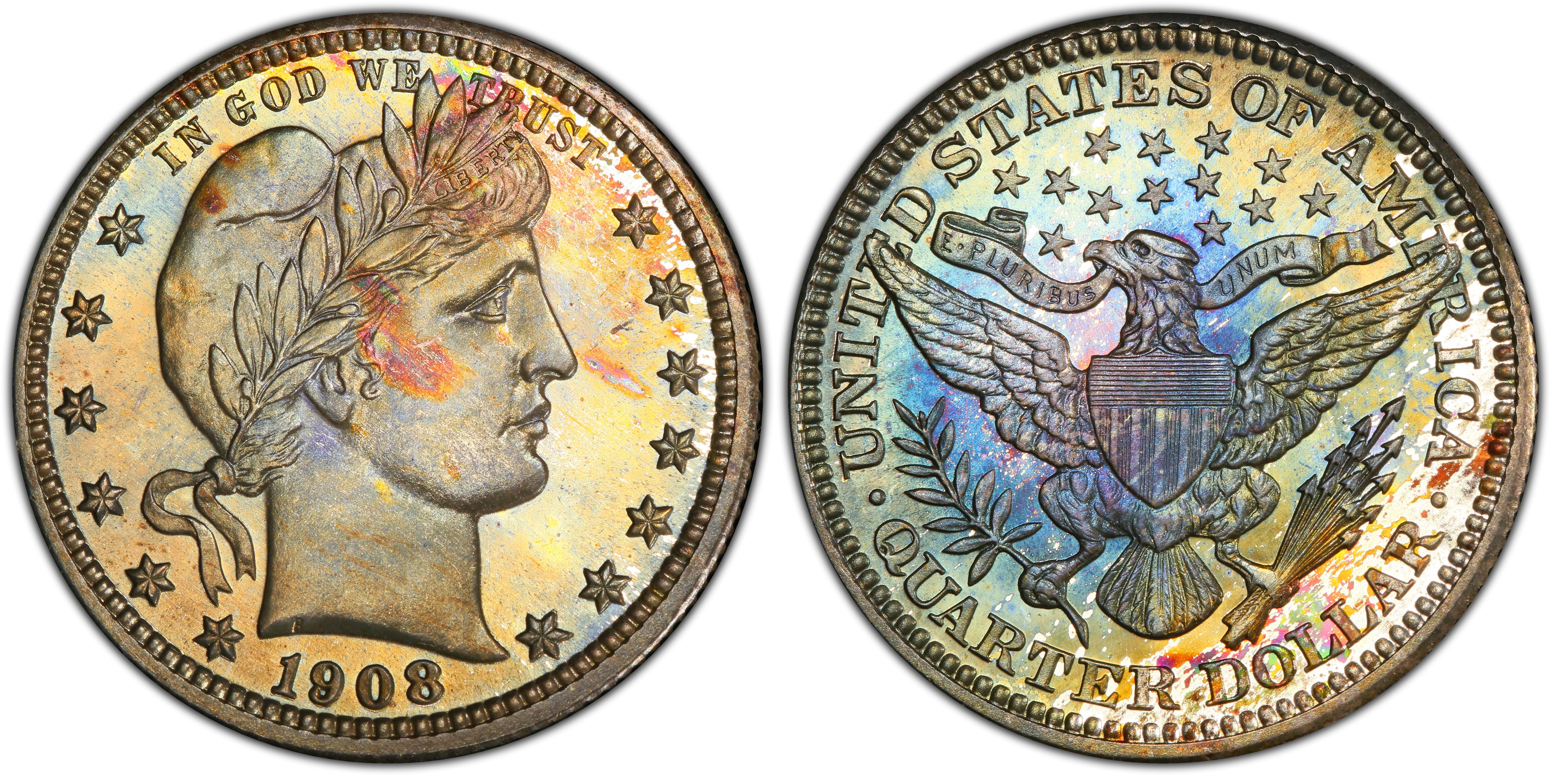 Group shot of four 1908 Barber Quarters from Philadelphia, Denver, New Orleans, and San Francisco mints arranged side by side