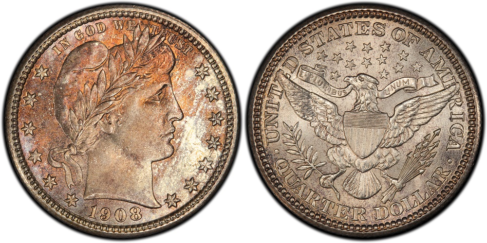 Grading strip showing 1908 Barber Quarter specimens from Good condition through Mint State illustrating wear progression